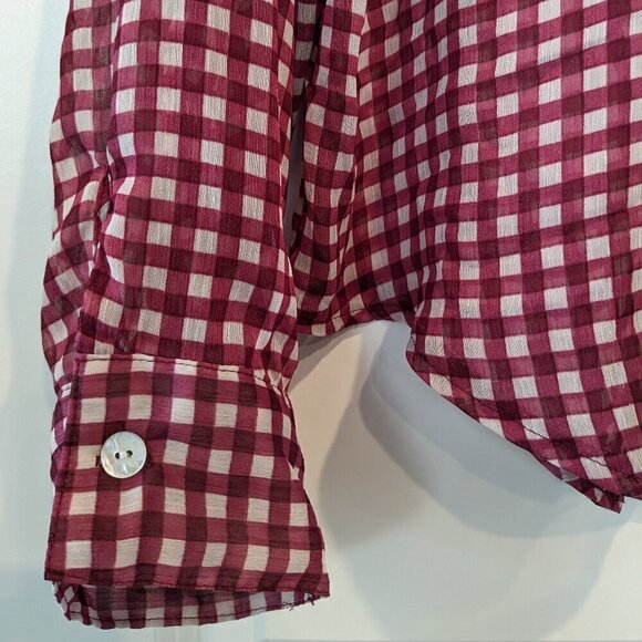 American Rag Cie Button-up Blouse Sheer Top Womens XL Red White Gingham Roll-Tab - Picture 9 of 15